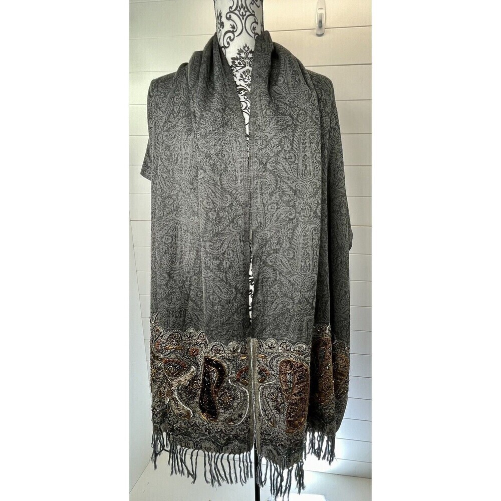 Wool Embroidered Beaded Faux Fur Wrap Shawl Scarf Tassel Vintage Mob Wife Gray